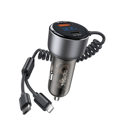 Yesido Y58 60W PD + QC3.0 Dual Port Car Fast Charger with USB-C / Type-C + 8 Pin Spring Cable, Y58