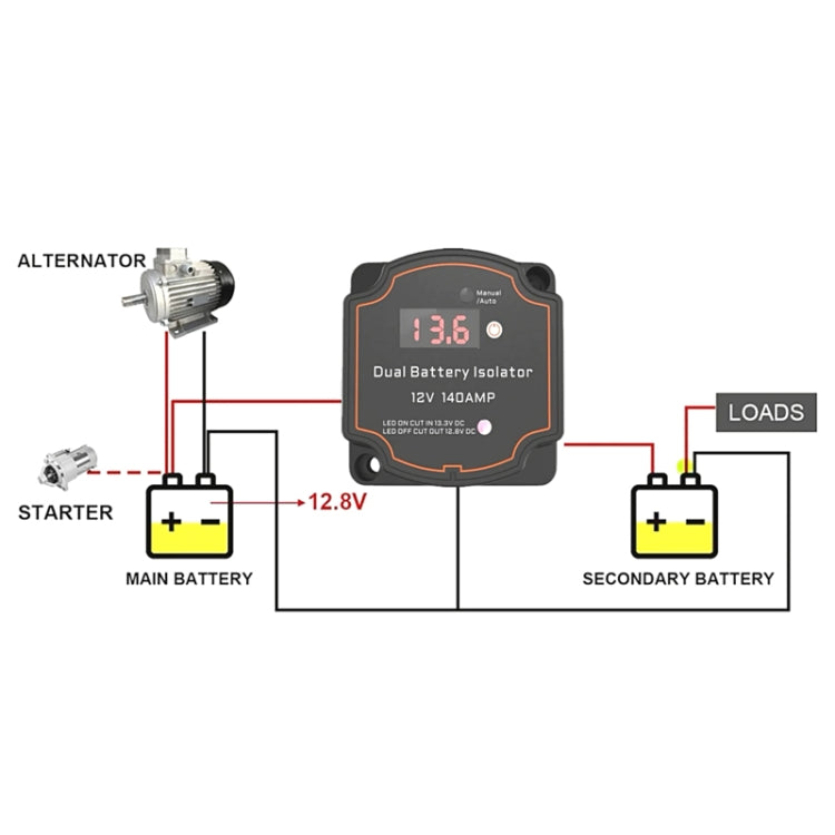 IP68 12V 140A Car Yacht RV Smart Dual Battery Isolation Controller VSR Digital Display Voltmeter, with Digital Display Voltmeter