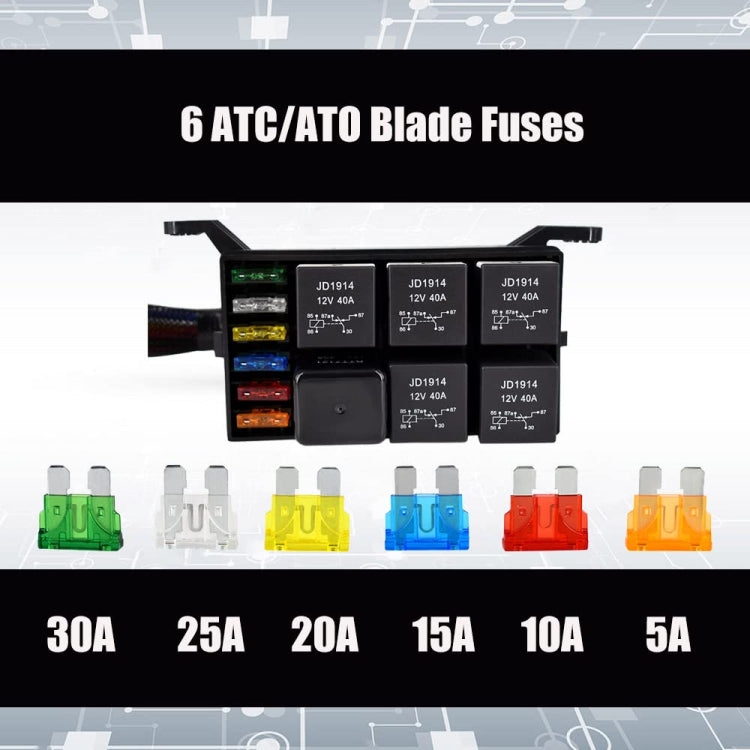 12V 5 Pin Car 6 Slots Waterproof Relay Fuse Box with Cable, 12V