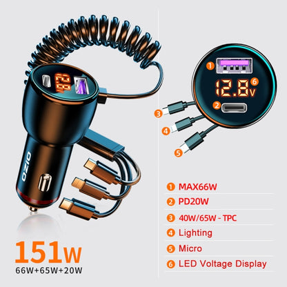 HX06 151W Type-C + USB Dual Port Car Charger with 3 in 1 Spring Data Cable, HX06
