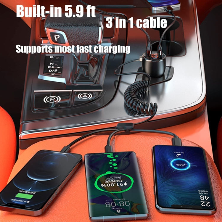 HX06 151W Type-C + USB Dual Port Car Charger with 3 in 1 Spring Data Cable, HX06
