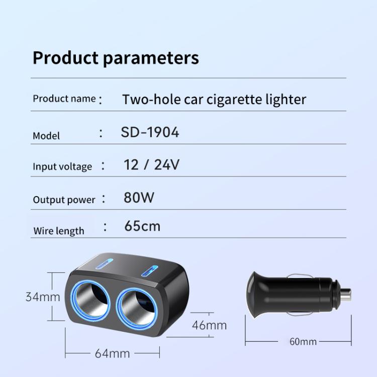 SHUNWEI SD-1904 Dual Socket Car Cigarette Lighter Splitter with USB Charger, SD-1904