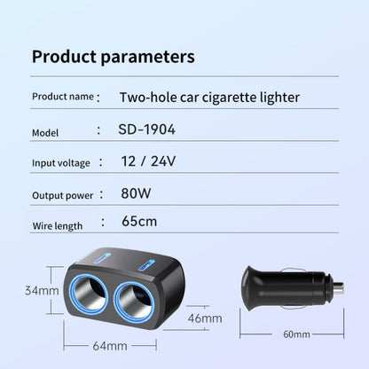 SHUNWEI SD-1904 Dual Socket Car Cigarette Lighter Splitter with USB Charger, SD-1904