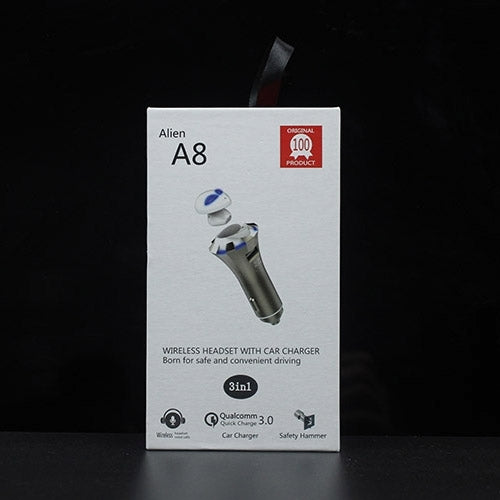 A8 3 in 1 Bluetooth Earphone & Safety Hammer & Car Charger, Support Hands-free Call & USB Quick Charger Function, A8