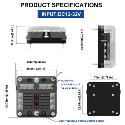 Independent Positive and Negative 1 in 6 Out 6 Way Circuit Blade Fuse Box Fuse Holder Kits with LED Warning Indicator for Auto Car Truck Boat, 1 in 6 Out