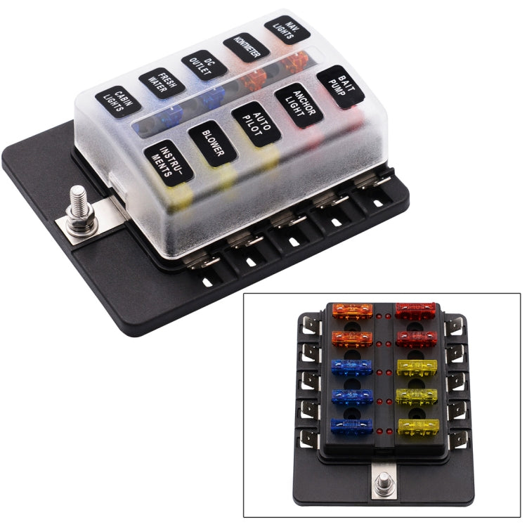 1 in 10 Out Fuse Box PC Terminal Block Fuse Holder Kits with LED Warning Indicator for Auto Car Truck Boat, 1 in 10 Out (PC Terminal Block)