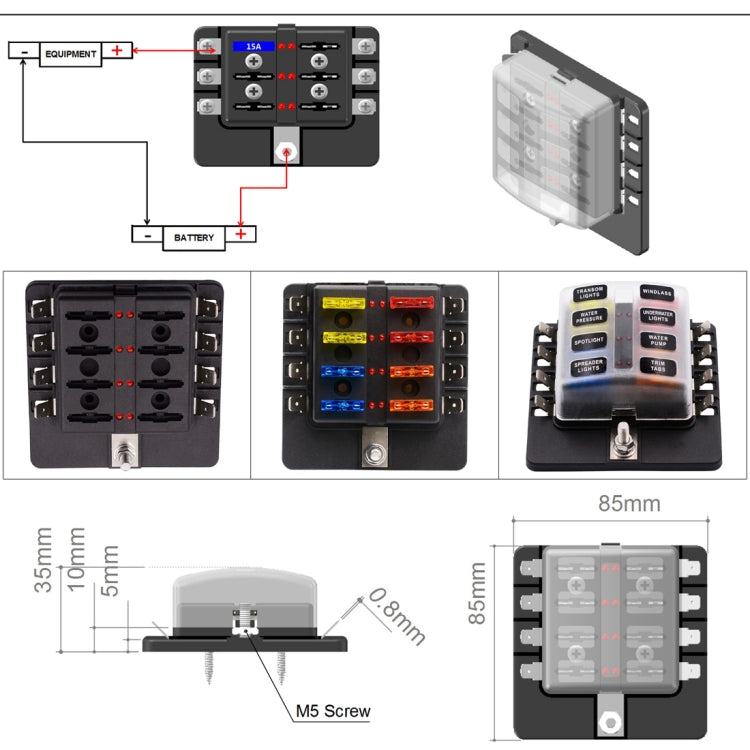 1 in 8 Out Fuse Box PC Terminal Block Fuse Holder Kits with LED Warning Indicator for Auto Car Truck Boat, 1 in 8 Out (PC Terminal Block)