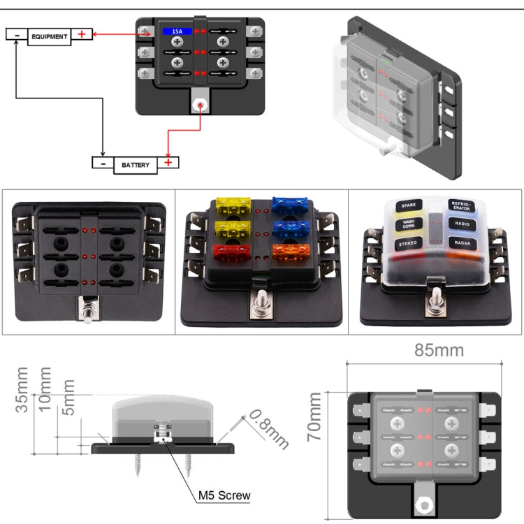 1 in 6 Out Fuse Box PC Terminal Block Fuse Holder Kits with LED Warning Indicator for Auto Car Truck Boat, 1 in 6 Out (PC Terminal Block)