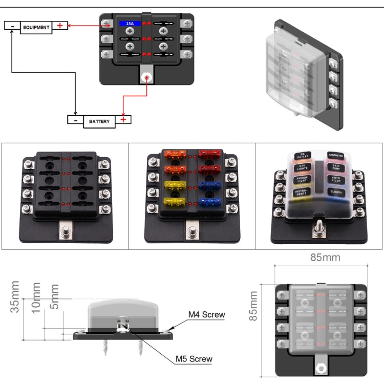 1 in 8 Out Fuse Box Screw Terminal Section Fuse Holder Kits with LED Warning Indicator for Auto Car Truck Boat, 1 in 8 Out (Screw Terminal Section)