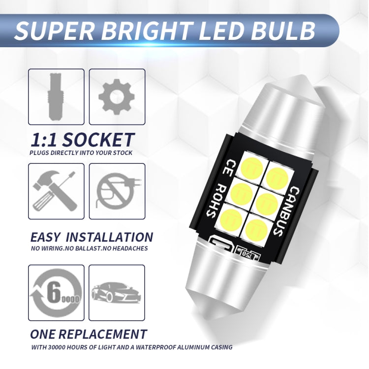 2 PCS 31mm DC12V-24V 3W 6000K 660LM 6LEDs SMD-3030 Car Reading Lamp / License Plate Light, 31mm (3W)