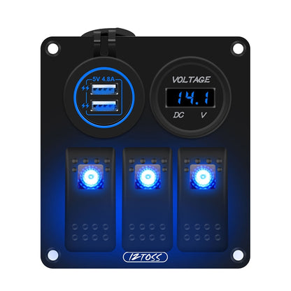 Multi-functional Combination Switch Panel 12V / 24V 3 Way Switches + Dual USB Charger for Car RV Marine Boat, 3 Way (Blue Light), 3 Way (Green Light), 3 Way (Red Light)