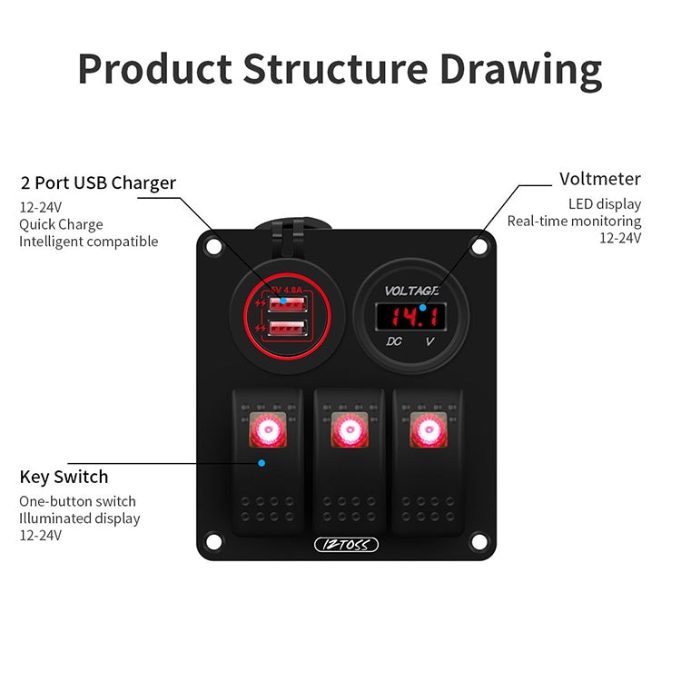 Multi-functional Combination Switch Panel 12V / 24V 3 Way Switches + Dual USB Charger for Car RV Marine Boat, 3 Way (Blue Light), 3 Way (Green Light), 3 Way (Red Light)