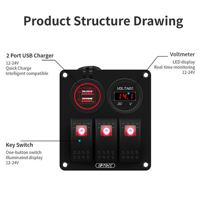 Multi-functional Combination Switch Panel 12V / 24V 3 Way Switches + Dual USB Charger for Car RV Marine Boat, 3 Way (Blue Light), 3 Way (Green Light), 3 Way (Red Light)