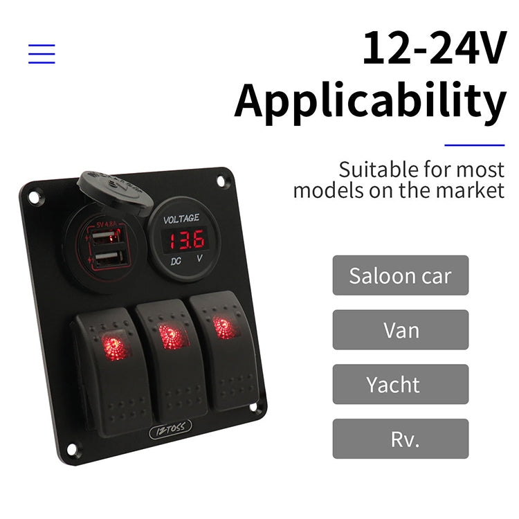 Multi-functional Combination Switch Panel 12V / 24V 3 Way Switches + Dual USB Charger for Car RV Marine Boat, 3 Way (Blue Light), 3 Way (Green Light), 3 Way (Red Light)