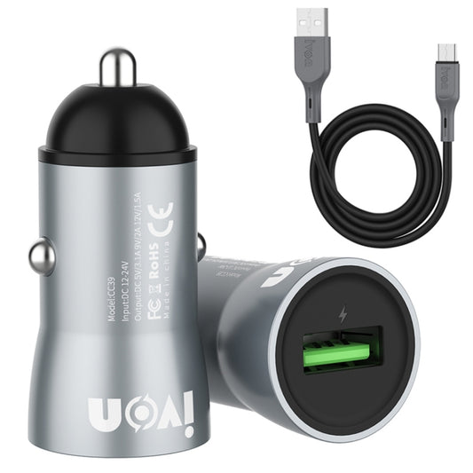 IVON CC39 18W 3.1A QC 3.0 USB Car Charger + 1m USB to USB-C / Type-C Fast Charge Data Cable Set, USB-C / Type-C
