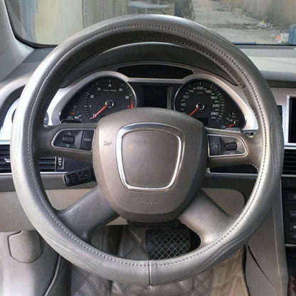 Universal Car Genuine Leather Pinhole Steering Wheel Cover, Diameter: 38cm