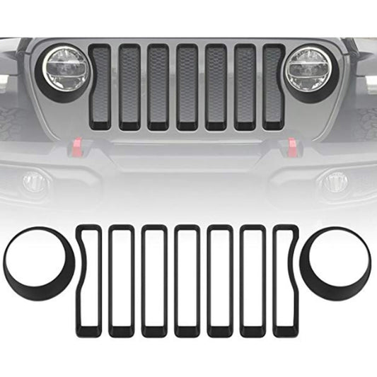 Car Mesh Grille Grill Insert + Headlight Turn Light Cover Trim for Jeep Wrangler JL 2018-2019