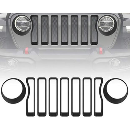 Car Mesh Grille Grill Insert + Headlight Turn Light Cover Trim for Jeep Wrangler JL 2018-2019