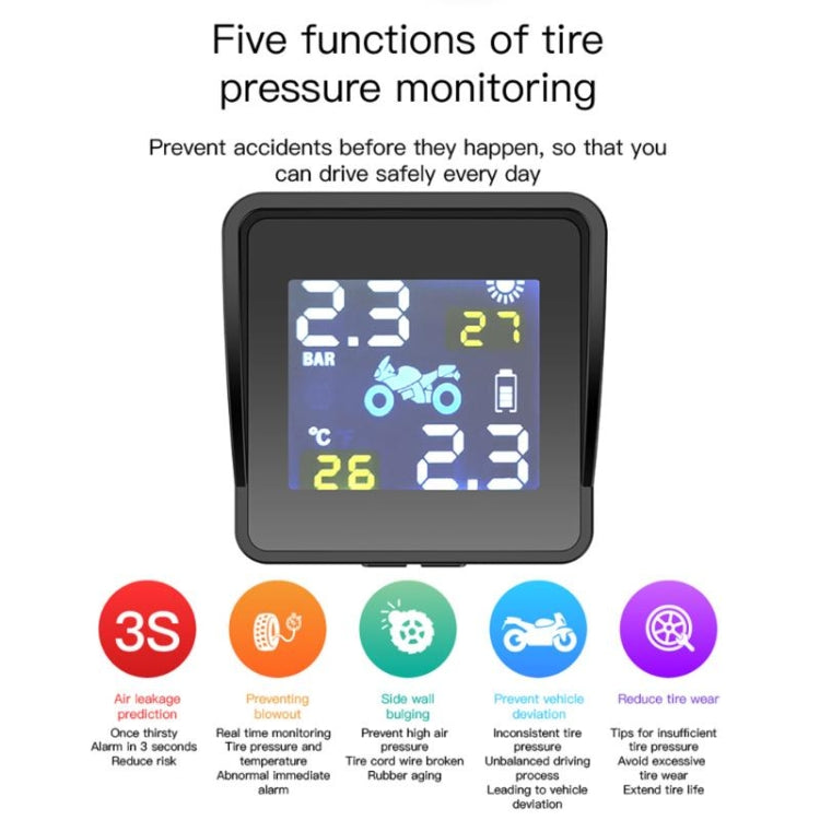 Universal Motorcycle Wireless High Precision Solar Energy TPMS Tire Pressure Alarm System External Tire Monitor, Motorcycle External Tire Monitor
