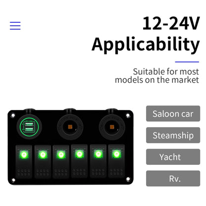 Multi-functional Combination Switch Panel 12V / 24V 6 Way Switches + Dual USB Charger for Car RV Marine Boat, 6 Way (Red Light), 6 Way (Blue Light), 6 Way (Green Light)