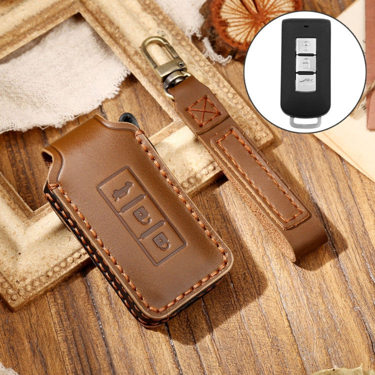 Hallmo Car Cowhide Leather Key Protective Cover Key Case for Mitsubishi Outlander, For Mitsubishi Outlander