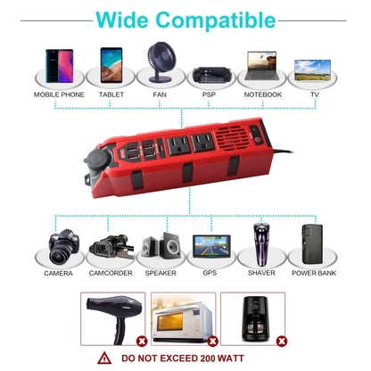 12V to 110V 200W Car Correction Sine Wave Inverter, US Plug, 200W