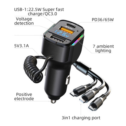 K4 Car 3 in 1 PD + USB Dual Port Fast Charger with Spring Data Cable, K4