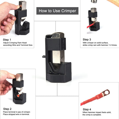 Car Battery Cable Hammer Crimper Hammer Lug Crimper Tool Pliers with T2 Copper 8 x 3/8 Heavy-duty Cold-pressed Wire Terminals, 8 x 3/8