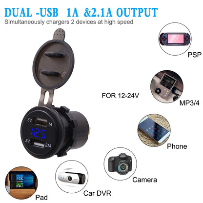 Universal Car Dual Port USB Charger Power Outlet Adapter 3.1A 5V IP66 with LED Digital Voltmeter + 60cm Cable, 3.1A Voltmeter + 60cm Cable(Blue Light), 3.1A Voltmeter + 60cm Cable(Green Light), 3.1A Voltmeter + 60cm Cable(Red Light)