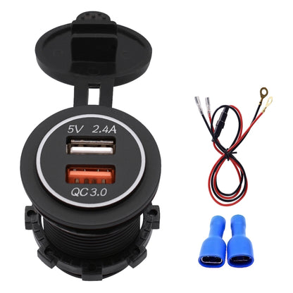 Universal Car QC3.0 Dual Port USB Charger Power Outlet Adapter 5V 2.4A IP66 with 60cm Cable, 2.4A + 60cm Cable(Blue Light), 2.4A + 60cm Cable (Green Light), 2.4A + 60cm Cable (Red Light), 2.4A + 60cm Cable (White Light)