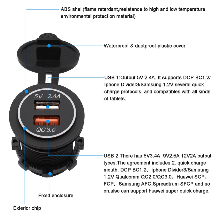 Universal Car QC3.0 Dual Port USB Charger Power Outlet Adapter 5V 2.4A IP66 with 60cm Cable, 2.4A + 60cm Cable(Blue Light), 2.4A + 60cm Cable (Green Light), 2.4A + 60cm Cable (Red Light), 2.4A + 60cm Cable (White Light)