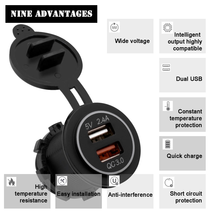 Universal Car QC3.0 Dual Port USB Charger Power Outlet Adapter 5V 2.4A IP66 with 60cm Cable, 2.4A + 60cm Cable(Blue Light), 2.4A + 60cm Cable (Green Light), 2.4A + 60cm Cable (Red Light), 2.4A + 60cm Cable (White Light)