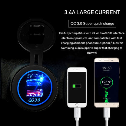 Universal Car QC3.0 Dual Port USB Charger Power Outlet Adapter 5V 2.4A IP66 with 60cm Cable, 2.4A + 60cm Cable(Blue Light), 2.4A + 60cm Cable (Green Light), 2.4A + 60cm Cable (Red Light), 2.4A + 60cm Cable (White Light)