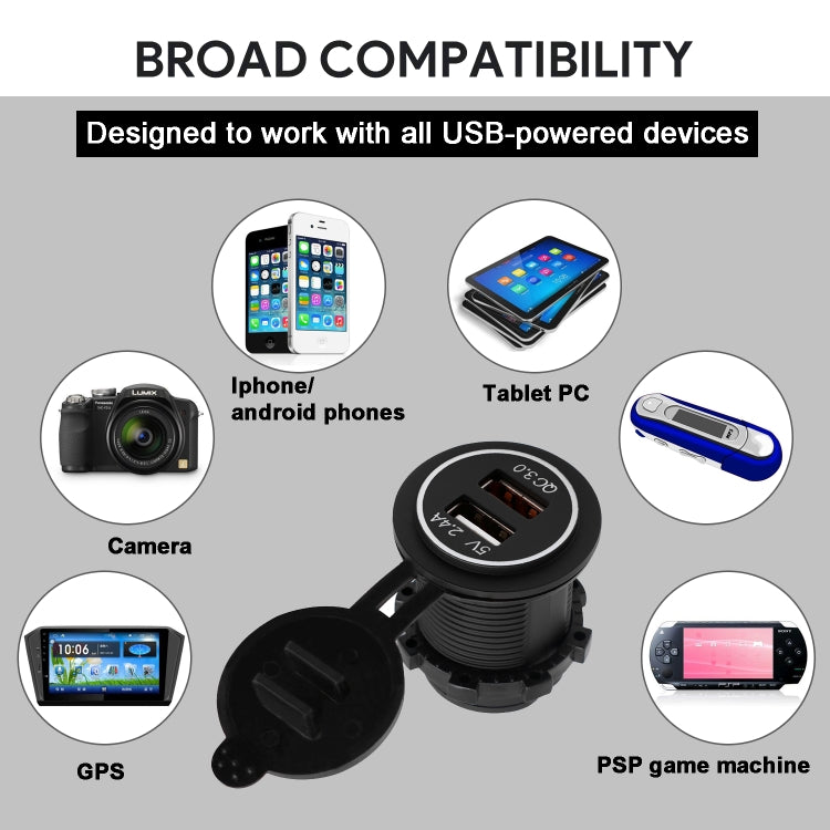 Universal Car QC3.0 Dual Port USB Charger Power Outlet Adapter 5V 2.4A IP66 with 60cm Cable, 2.4A + 60cm Cable(Blue Light), 2.4A + 60cm Cable (Green Light), 2.4A + 60cm Cable (Red Light), 2.4A + 60cm Cable (White Light)
