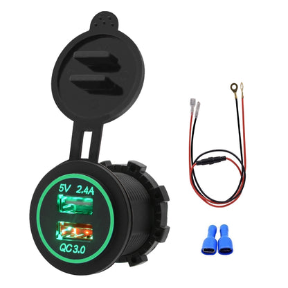 Universal Car QC3.0 Dual Port USB Charger Power Outlet Adapter 5V 2.4A IP66 with 60cm Cable, 2.4A + 60cm Cable(Blue Light), 2.4A + 60cm Cable (Green Light), 2.4A + 60cm Cable (Red Light), 2.4A + 60cm Cable (White Light)