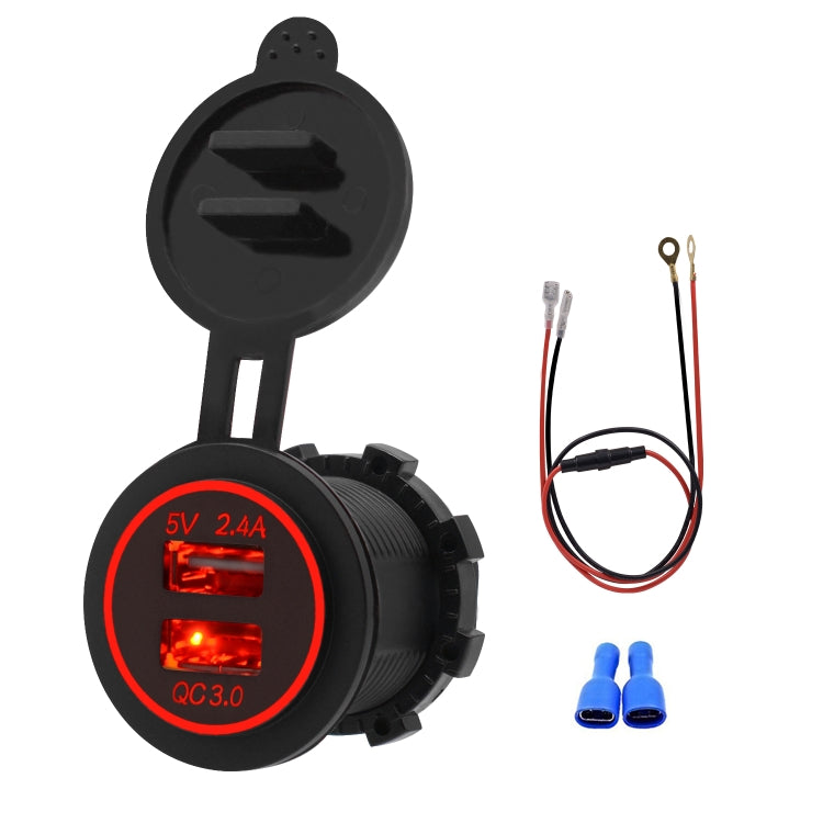 Universal Car QC3.0 Dual Port USB Charger Power Outlet Adapter 5V 2.4A IP66 with 60cm Cable, 2.4A + 60cm Cable(Blue Light), 2.4A + 60cm Cable (Green Light), 2.4A + 60cm Cable (Red Light), 2.4A + 60cm Cable (White Light)