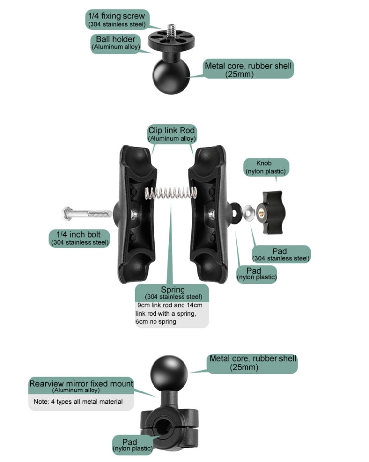 25mm Ball Head Motorcycle Rearview Mirror Fixed Mount Holder with 4 Styles Gaskets for GoPro, Insta360, DJI and Other Action Cameras, 25mm Ball Head with 4 Styles Gaskets