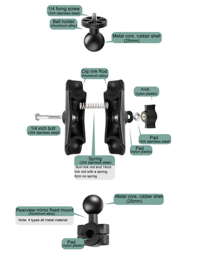 25mm Ball Head Motorcycle Rearview Mirror Fixed Mount Holder with 4 Styles Gaskets for GoPro, Insta360, DJI and Other Action Cameras, 25mm Ball Head with 4 Styles Gaskets