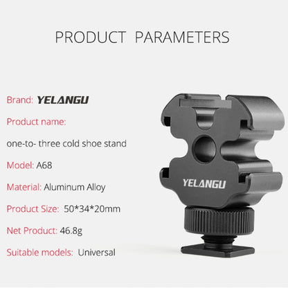 YELANGU YLG0601A A68 3-Head Cold Shoe Mount Adapter Microphone Flash Light Metal Holder Bracket, YELANGU A68 3-Head Cold Shoe