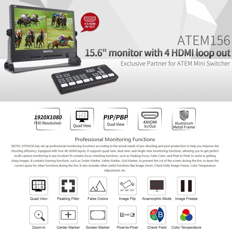 SEETEC ATEM156 1920x1080 15.6 inch IPS Screen HDMI 4K HD Live Broadcast Camera Field Monitor, Support Four Screen Split, ATEM156