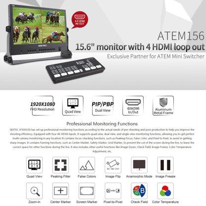 SEETEC ATEM156 1920x1080 15.6 inch IPS Screen HDMI 4K HD Live Broadcast Camera Field Monitor, Support Four Screen Split, ATEM156