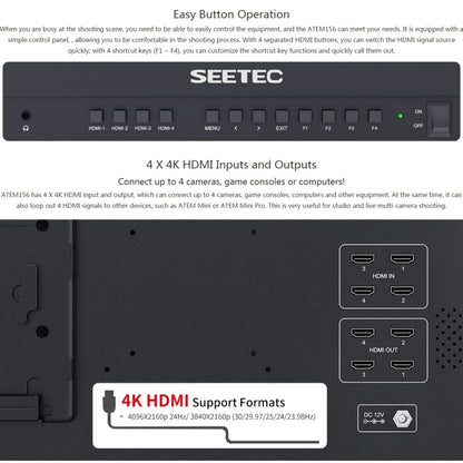 SEETEC ATEM156 1920x1080 15.6 inch IPS Screen HDMI 4K HD Live Broadcast Camera Field Monitor, Support Four Screen Split, ATEM156