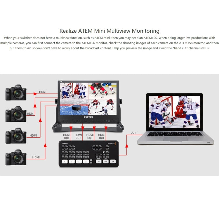 SEETEC ATEM156 1920x1080 15.6 inch IPS Screen HDMI 4K HD Live Broadcast Camera Field Monitor, Support Four Screen Split, ATEM156
