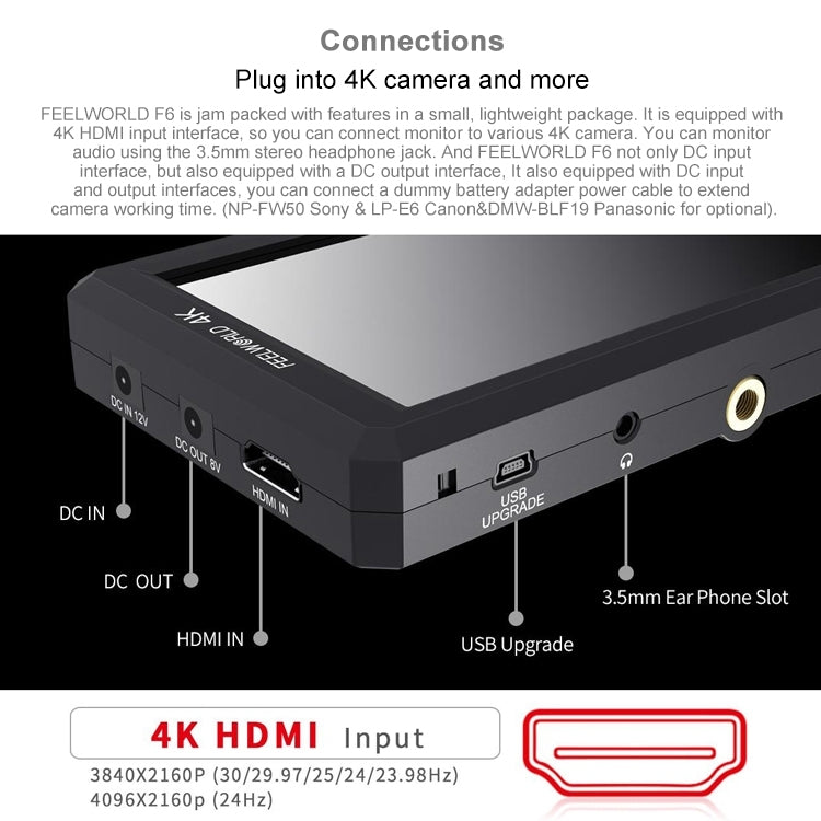 FEELWORLD F6 1920x1080 5.5 inch IPS Screen HDMI 4K Camera Field Monitor, F6