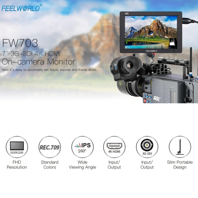 FEELWORLD FW703 1920x1200 7 inch IPS Screen HDMI 4K SDI Broadcast Camera Field Monitor, FW703