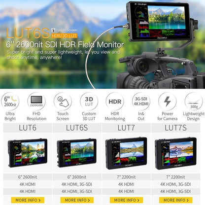 FEELWORLD LUT6S 1920x1080 2600 nits 6 inch IPS Screen HDMI 4K Touch Screen SDI HDI Camera Field Monitor, LUT6S