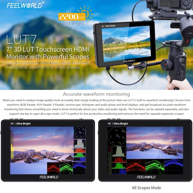 FEELWORLD LUT7 1920x1200 2200 nits 7 inch IPS Screen HDMI 4K Touch Screen Camera Field Monitor, LUT7