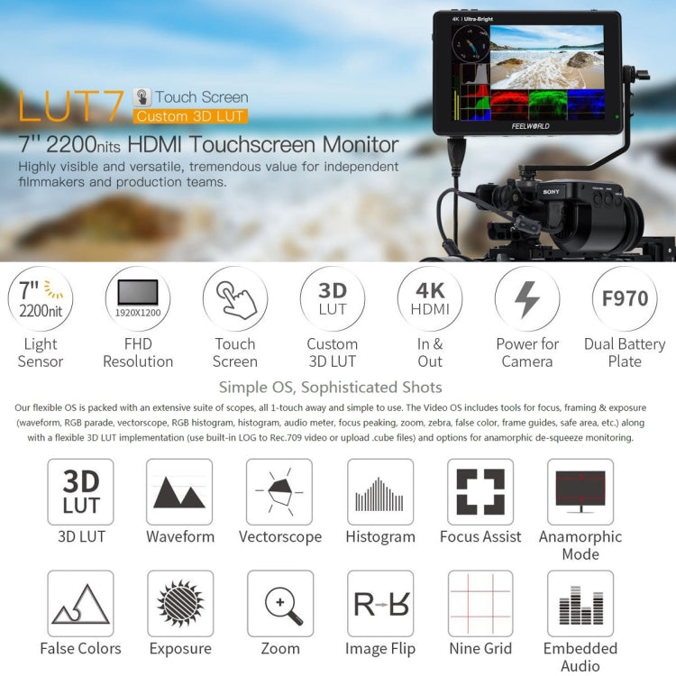 FEELWORLD LUT7 1920x1200 2200 nits 7 inch IPS Screen HDMI 4K Touch Screen Camera Field Monitor, LUT7