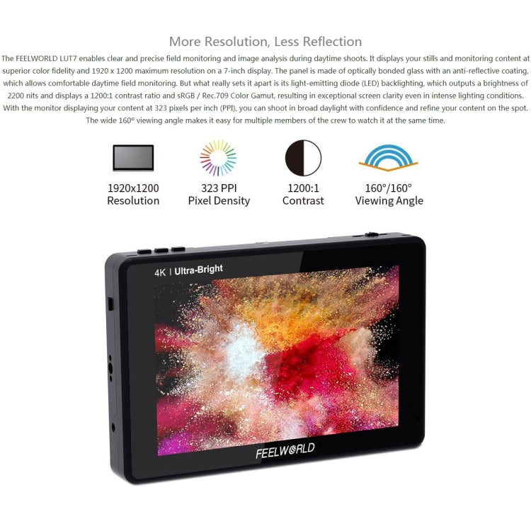 FEELWORLD LUT7 1920x1200 2200 nits 7 inch IPS Screen HDMI 4K Touch Screen Camera Field Monitor, LUT7