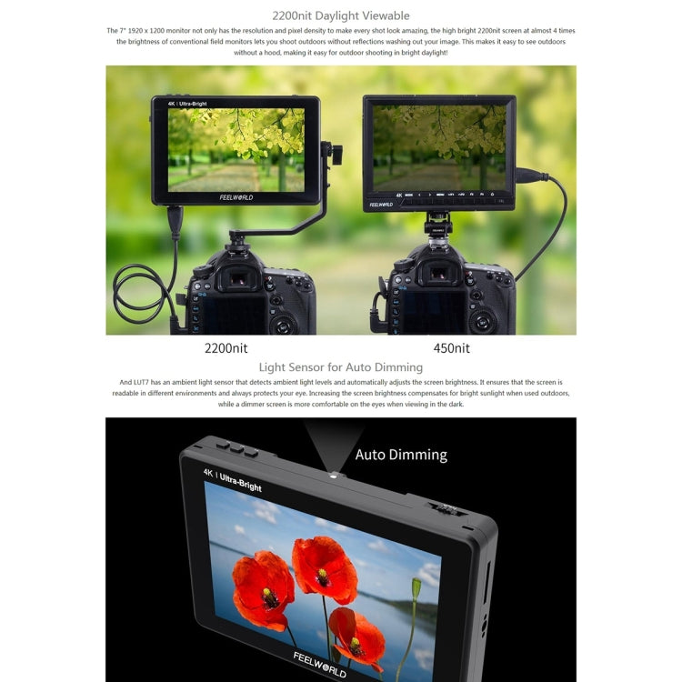 FEELWORLD LUT7 1920x1200 2200 nits 7 inch IPS Screen HDMI 4K Touch Screen Camera Field Monitor, LUT7